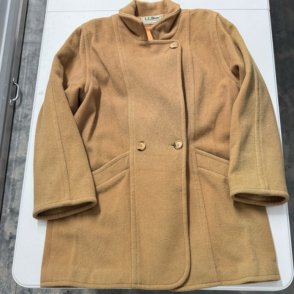 L.L. Bean Wool Coat Womens Medium Camel Tan Excellent Double Breasted Mid Length